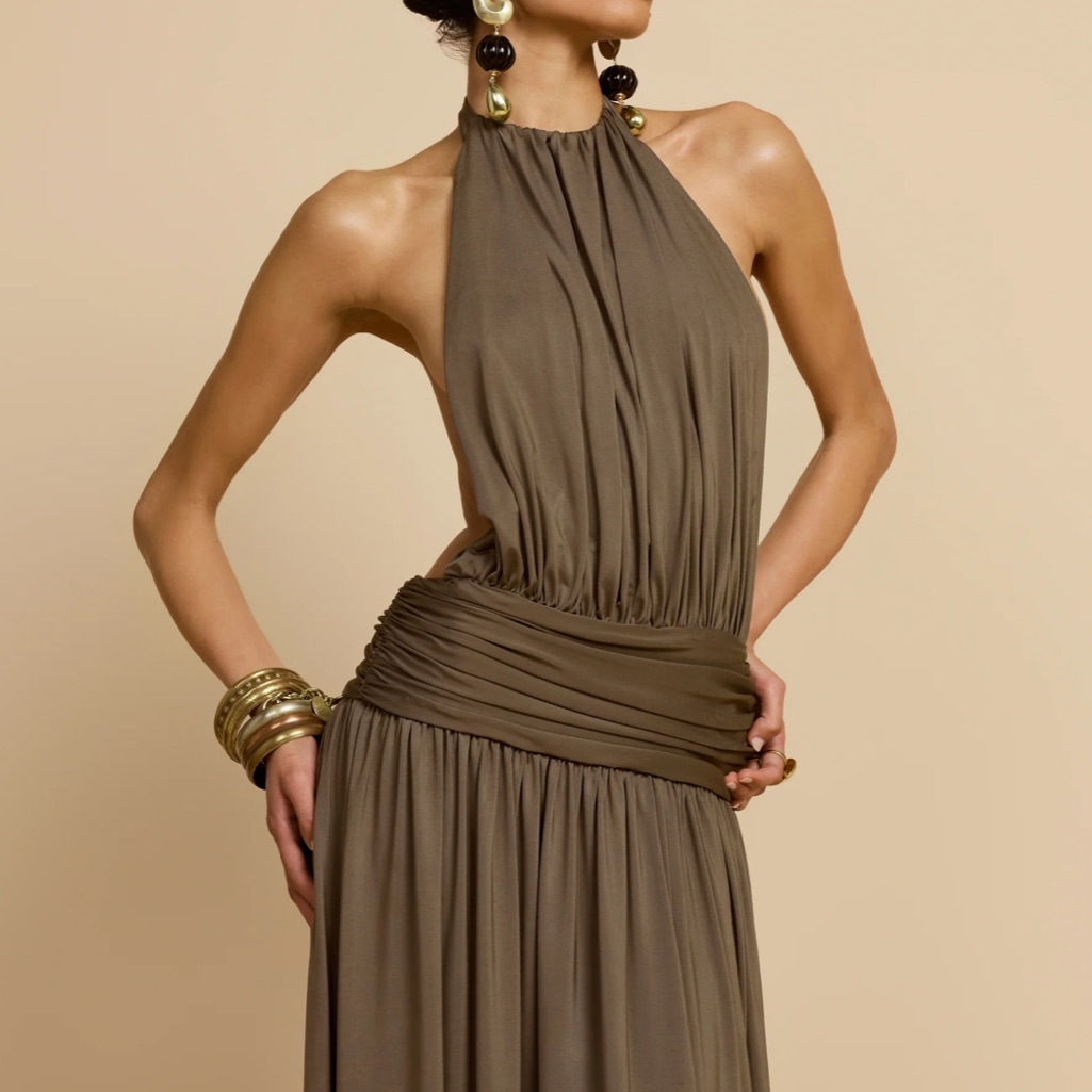 Halter Neck Maxi Dress In Olive Brown — image 3 of 6